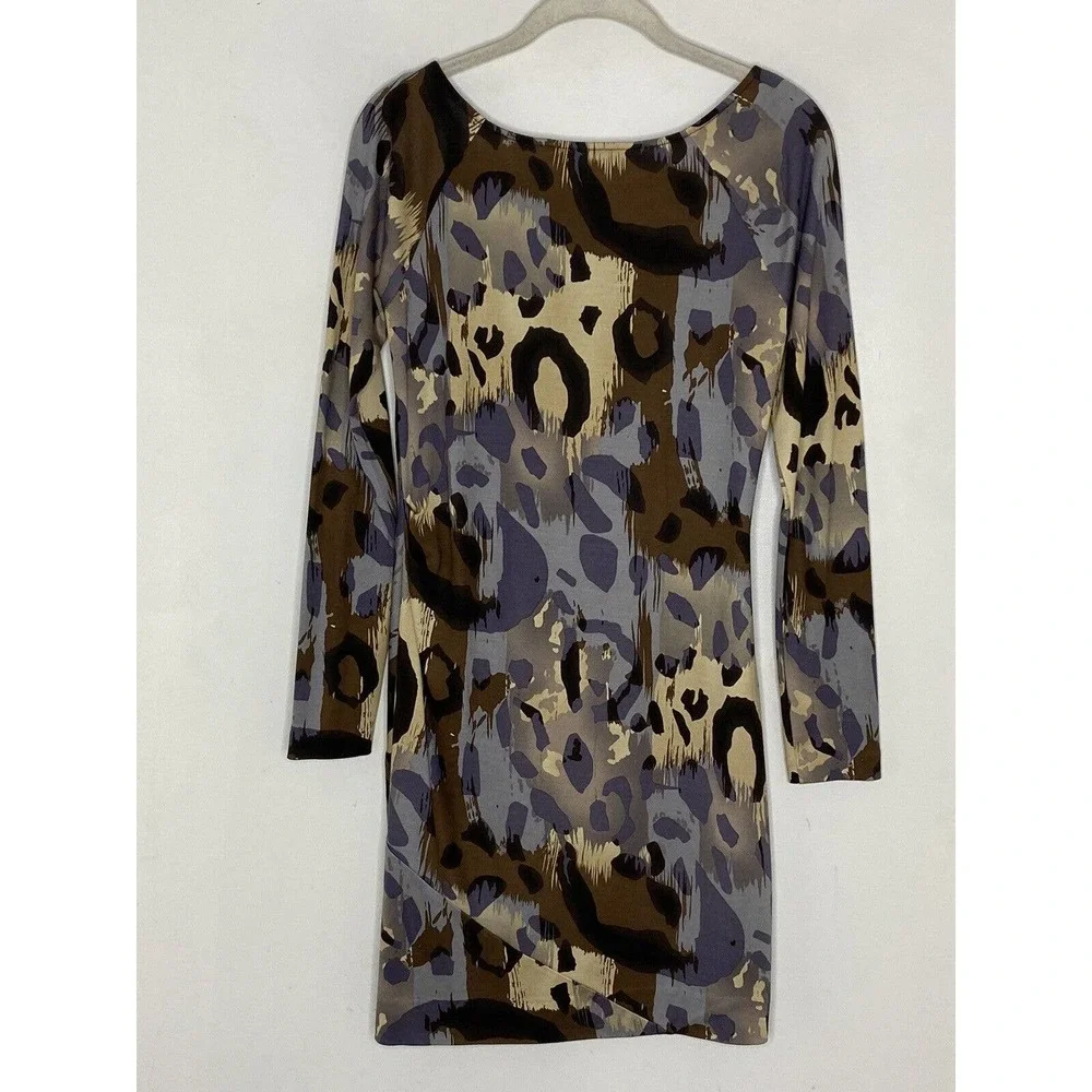 Diane Von Furstenberg Brown Animal Print 100% Silk Long Sleeve Mini Dress Size 4 - Picture 5 of 5